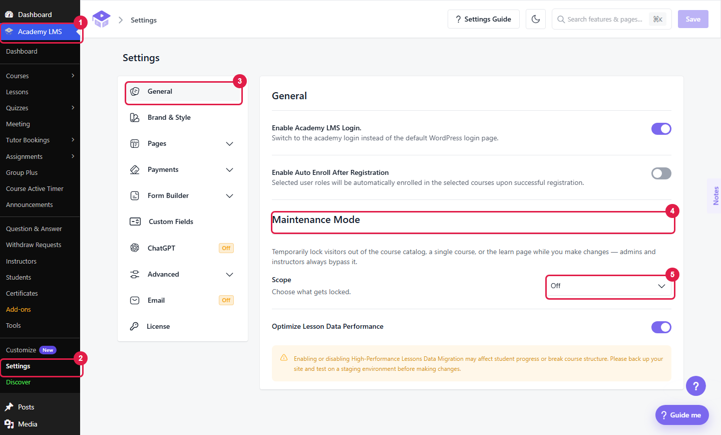 Settings General screen with the Academy LMS and Settings menu items, the General tab, the Maintenance Mode section and the Scope selector marked