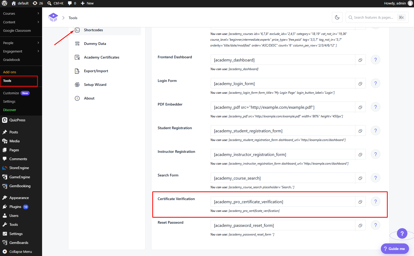 Shortcodes and copy the Certificate Verification