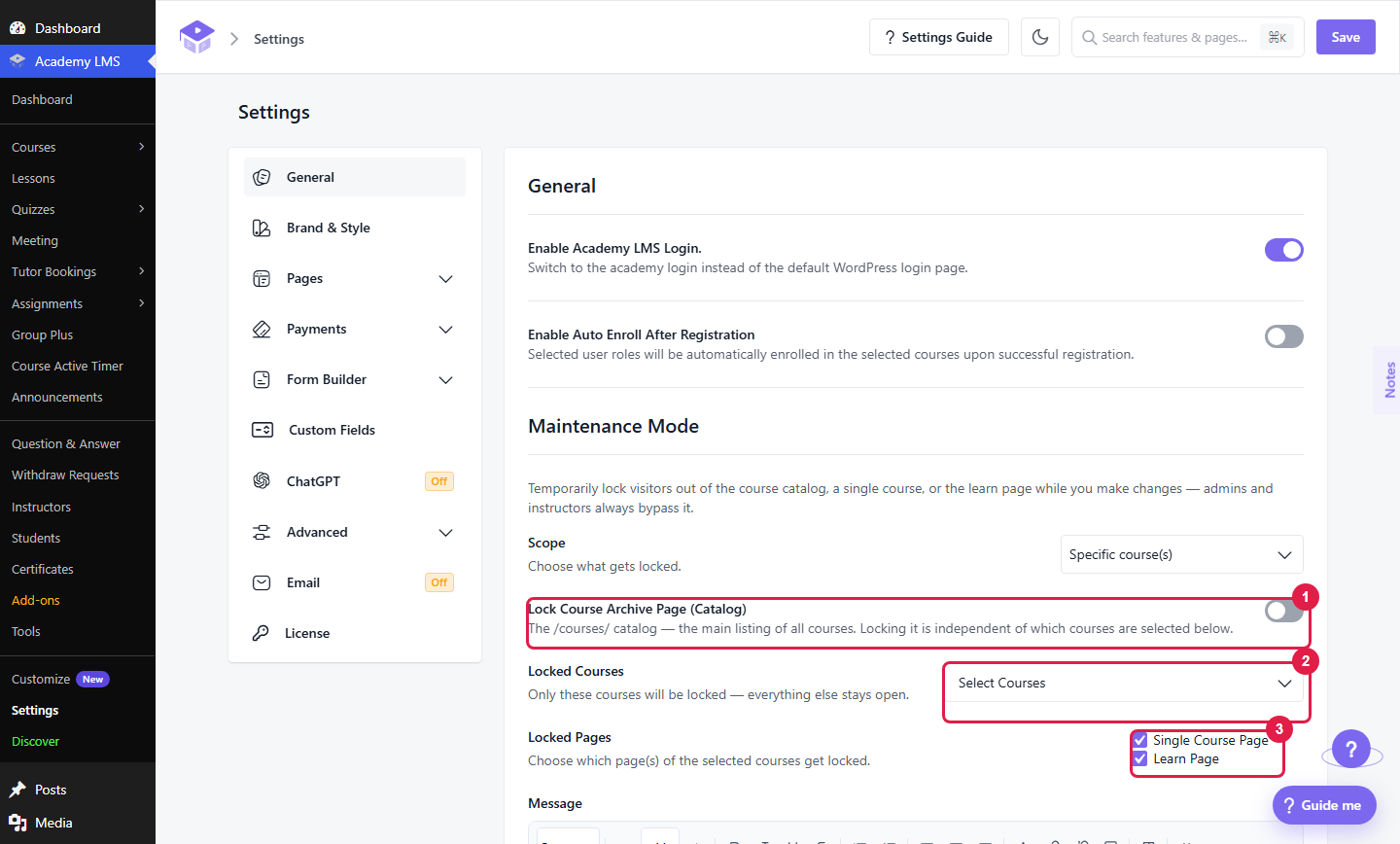 Specific courses scope with the Lock Course Archive Page switch, the Locked Courses selector and the Locked Pages checkboxes marked