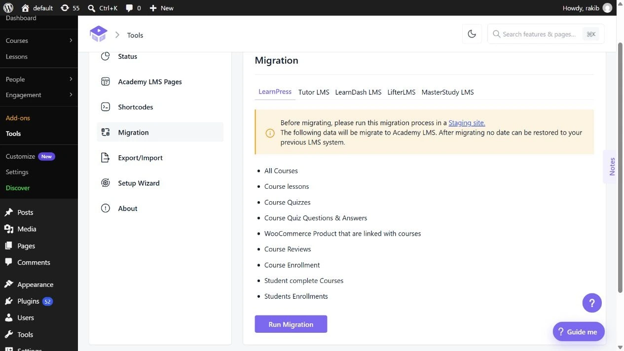 Select the source LMS and run a test migration