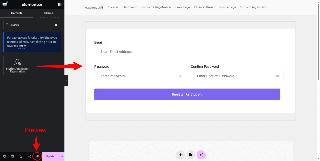 Student registration widget in Elementor
