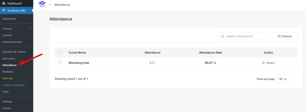 The Attendance menu