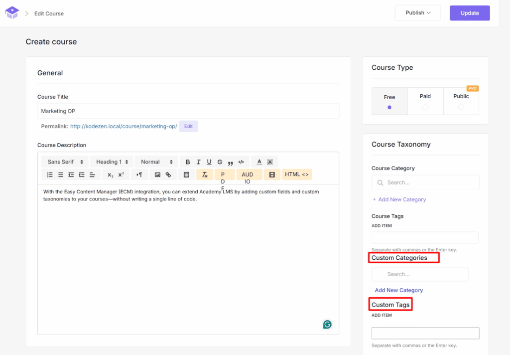 The taxonomy in the course editor