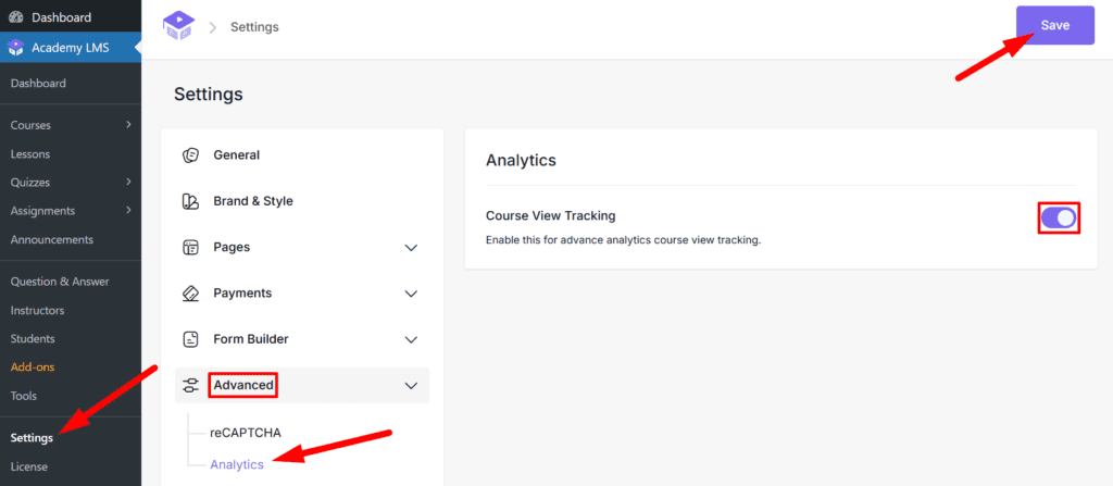 Turn on course view analytics