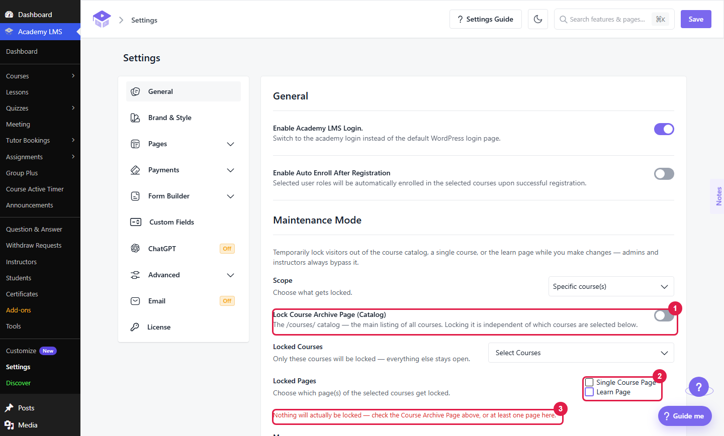 Warning that nothing will be locked, with the archive switch, the empty Locked Pages checkboxes and the red warning text marked