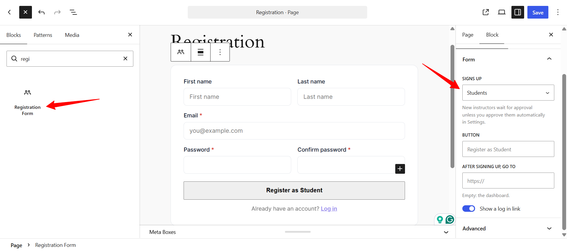 Registration Form block