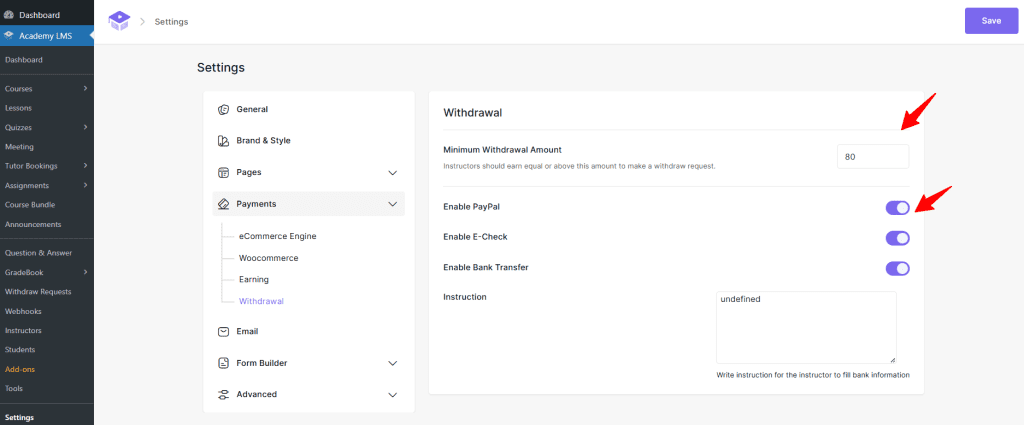 Withdrawal settings